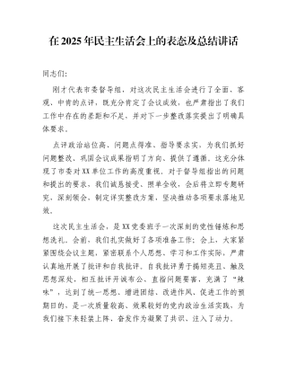 在2025年民主生活会上的表态及总结讲话