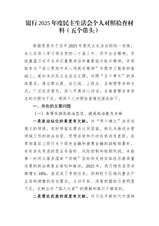 银行2025年度民主生活会个人对照检查材料（五个带头）