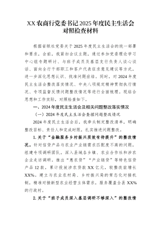 XX农商行党委书记2025年度民主生活会对照检查材料