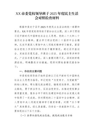 XX市委党校领导班子2025年度民主生活会对照检查材料