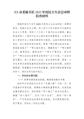 XX市委秘书长2025年度民主生活会对照检查材料