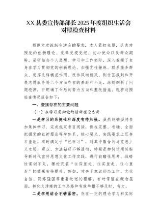 XX县委宣传部部长2025年度组织生活会对照检查材料