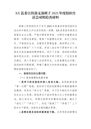 XX县委宣传部支部班子2025年度组织生活会对照检查材料