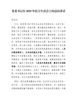 党委书记在2025年民主生活会上的总结讲话