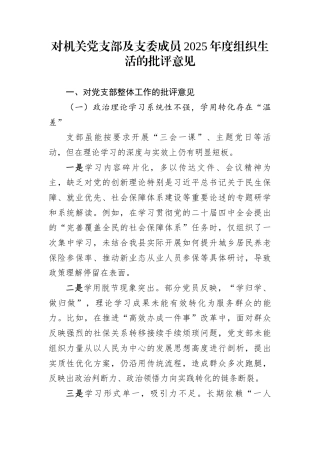 对机关党支部及支委成员2025年度组织生活的批评意见
