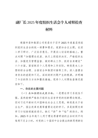 副厂长2025年度组织生活会个人对照检查材料