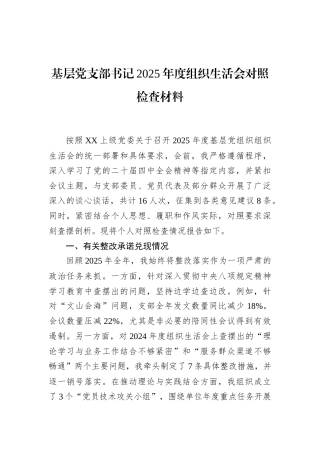基层党支部书记2025年度组织生活会对照检查材料
