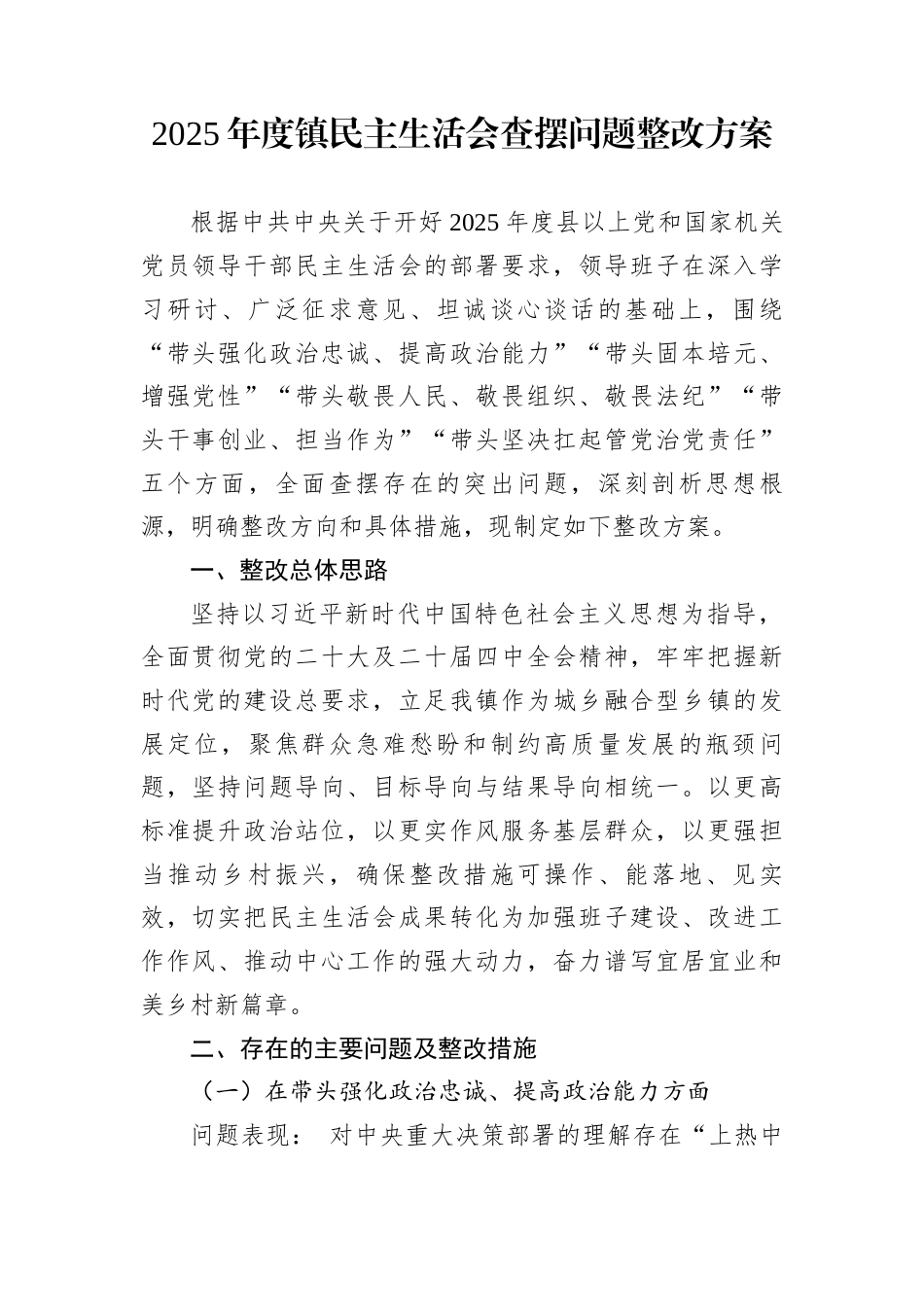 2025年度镇民主生活会查摆问题整改方案_第1页