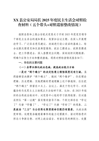 XX县公安局局长2025年度民主生活会对照检查材料（五个带头 (1)