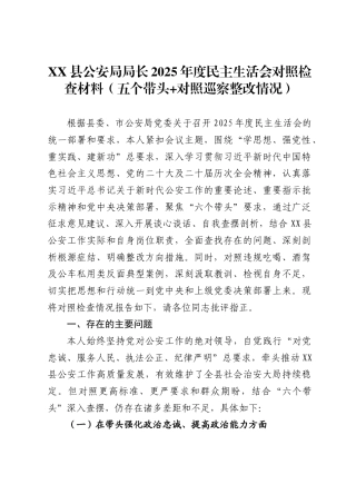 XX县公安局局长2025年度民主生活会对照检查材料（五个带头 (2)