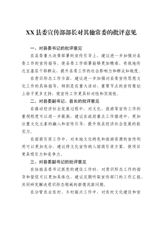 X县委宣传部部长对其他常委的批评意见 .