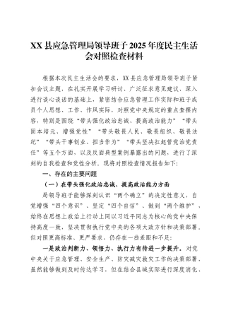 X县应急管理局领导班子2025年度民主生活会对照检查材料