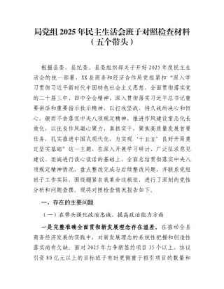 局党组2025年民主生活会班子对照检查材料（五个带头）