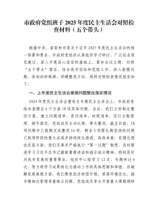 市政府党组班子2025年度民主生活会对照检查材料（五个带头）