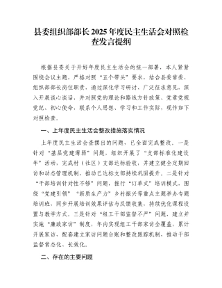 县委组织部部长2025年度民主生活会对照检查发言提纲