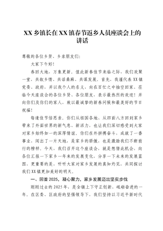 乡镇长在XX镇春节返乡人员座谈会上的讲话