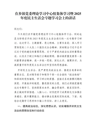 在乡镇党委理论学习中心组集体学习暨2025年度民主生活会专题学习会上的讲话