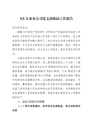 自来水公司党支部换届工作报告