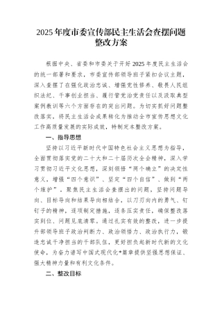 2025年度市委宣传部民主生活会查摆问题整改方案