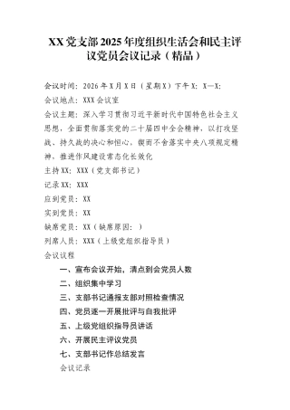 XX党支部2025年度组织生活会和民主评议党员会议记录（精品）