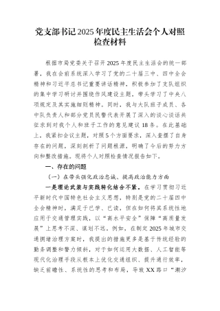 党支部书记2025年度民主生活会个人对照检查材料