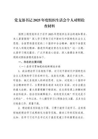 党支部书记2025年度组织生活会个人对照检查材料