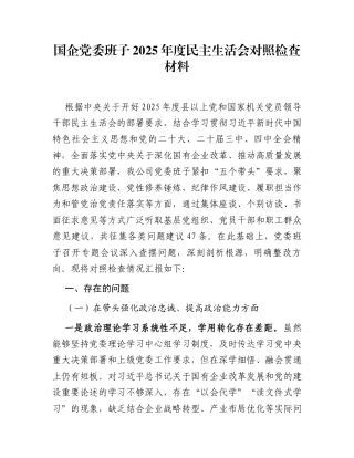 国企党委班子2025年度民主生活会对照检查材料