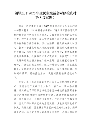 领导班子2025年度民主生活会对照检查材料（含案例）