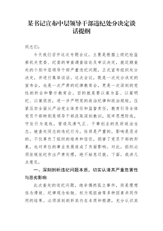 某书记宣布中层领导干部违纪处分决定谈话提纲