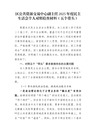 区公共资源交易中心副主任2025年度民主生活会个人对照检查材料（五个带头）