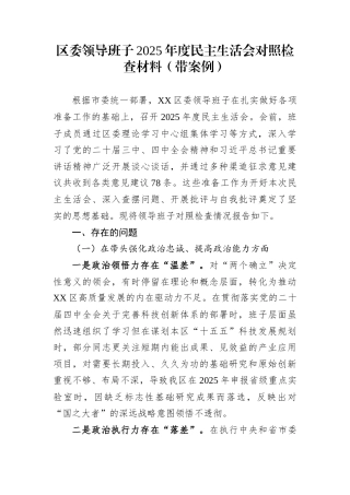 区委领导班子2025年度民主生活会对照检查材料（带案例）