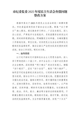 市纪委监委2025年度民主生活会查摆问题整改方案