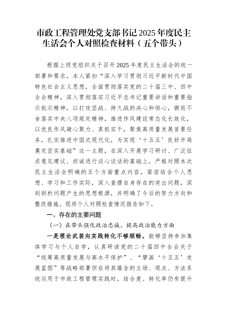 市政工程管理处党支部书记2025年度民主生活会个人对照检查材料（五个带头）_第1页