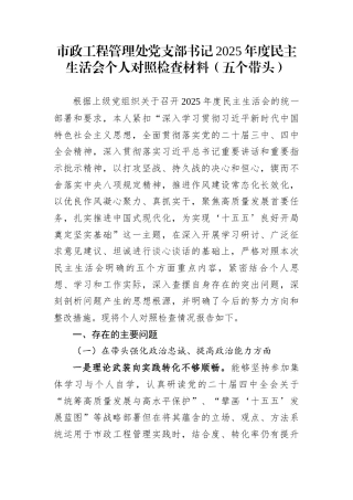 市政工程管理处党支部书记2025年度民主生活会个人对照检查材料（五个带头）