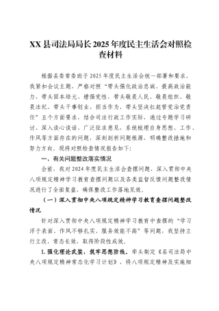 县司法局局长2025年度民主生活会对照检查材料.