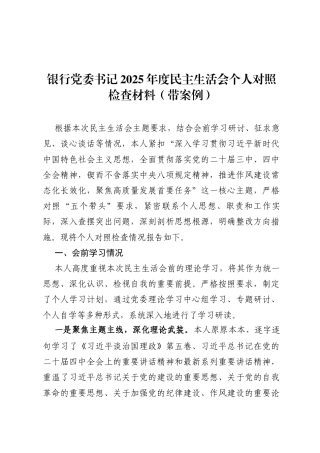 银行党委书记2025年度民主生活会个人对照检查材料(带案例)