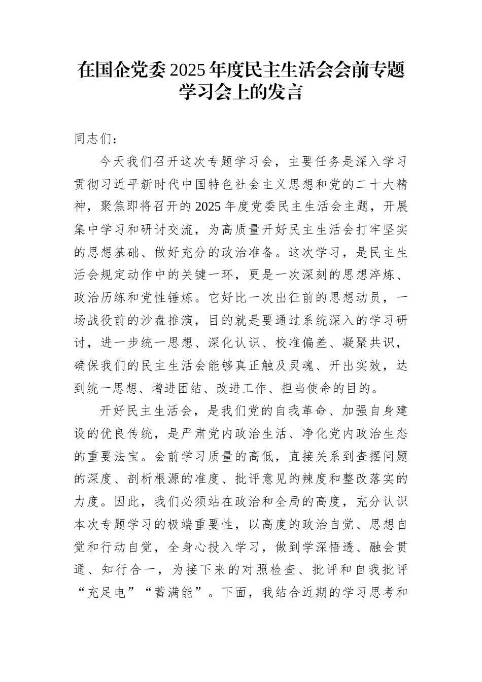 在国企党委2025年度民主生活会会前专题学习会上的发言_第1页