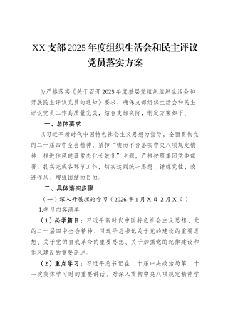 支部2025年度组织生活会和民主评议党员落实方案