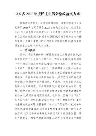 XX乡2025年度民主生活会整改落实方案