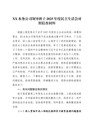 X水务公司领导班子2025年度民主生活会对照检查材料