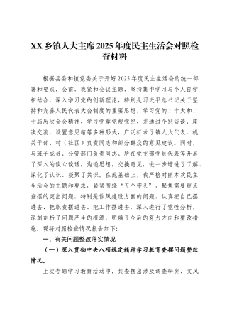 X乡镇人大主席2025年度民主生活会对照检查材料