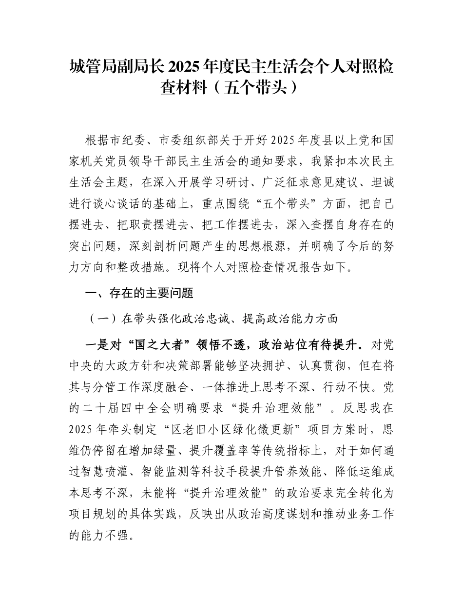 城管局副局长2025年度民主生活会个人对照检查材料（五个带头）_第1页