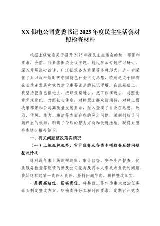 供电公司党委书记2025年度民主生活会对照检查材料
