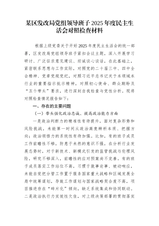 某区发改局党组领导班子2025年度民主生活会对照检查材料