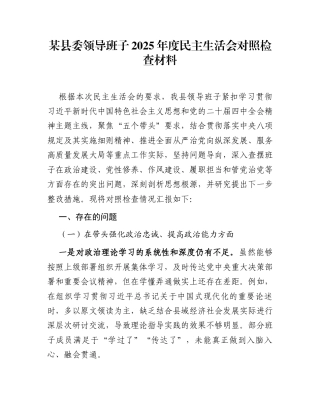 某县委领导班子2025年度民主生活会对照检查材料