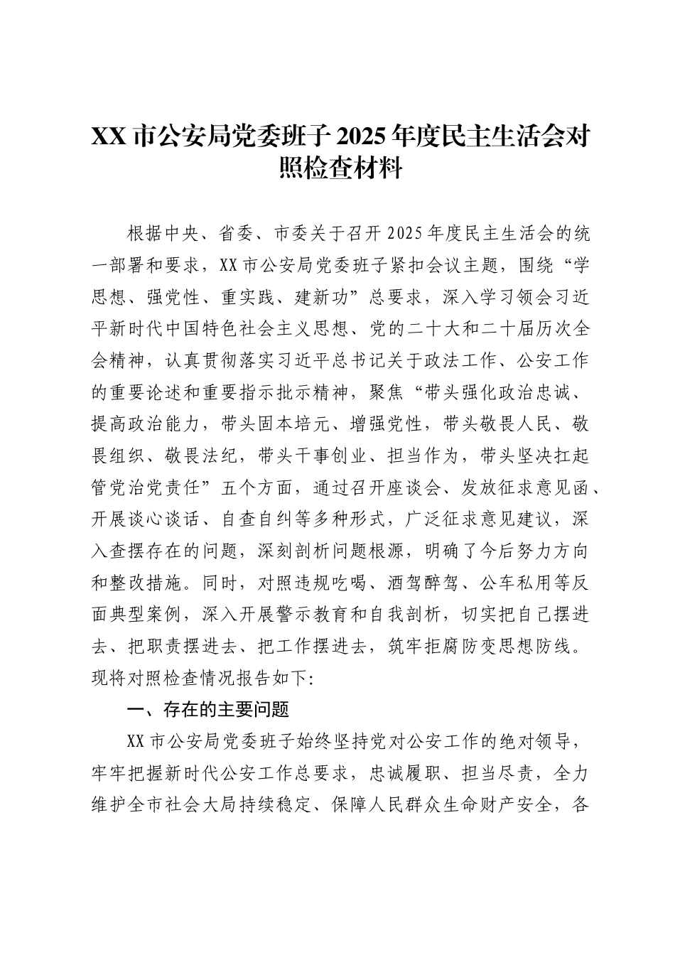 市公安局党委班子2025年度民主生活会对照检查材料-_第1页