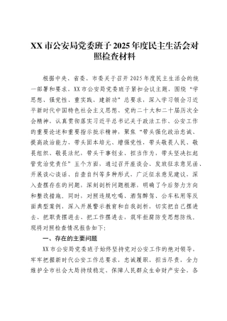 市公安局党委班子2025年度民主生活会对照检查材料-