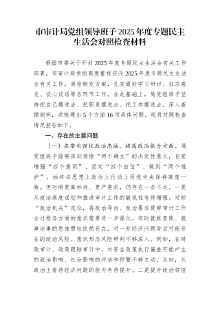 市审计局党组领导班子2025年度专题民主生活会对照检查材料