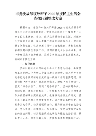 市委统战部领导班子2025年度民主生活会查摆问题整改方案