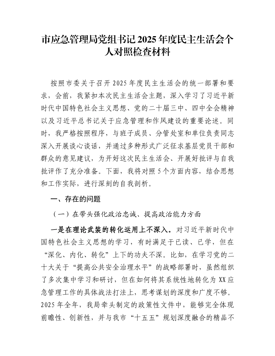 市应急管理局党组书记2025年度民主生活会个人对照检查材料_第1页